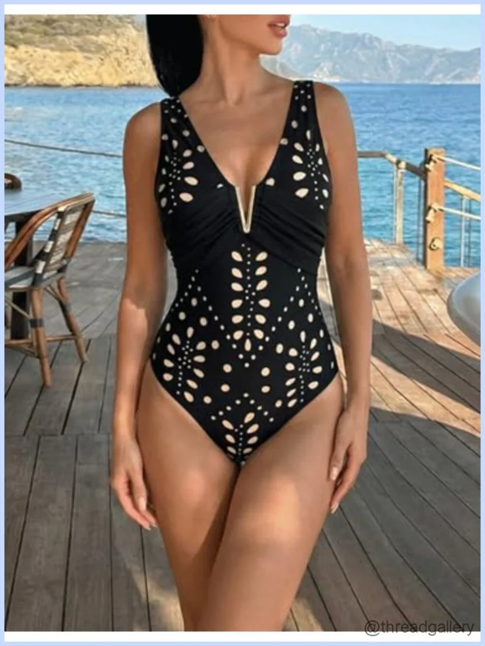 One Piece V Neck Laser Cut Flower Swimsuit with Skirt